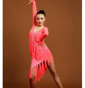 Neon pink long sleeves v neck  backless irregular fringes hem rhinestones competition performance latin salsa samba cha cha dance dresses